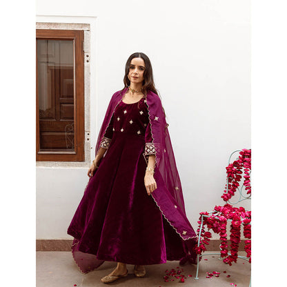 Maison Shefali Zeya - Velvet Embroidered Anarkali & Pant with Dupatta (Set of 3)