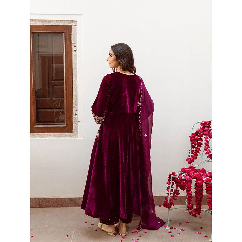 Maison Shefali Zeya - Velvet Embroidered Anarkali & Pant with Dupatta (Set of 3)