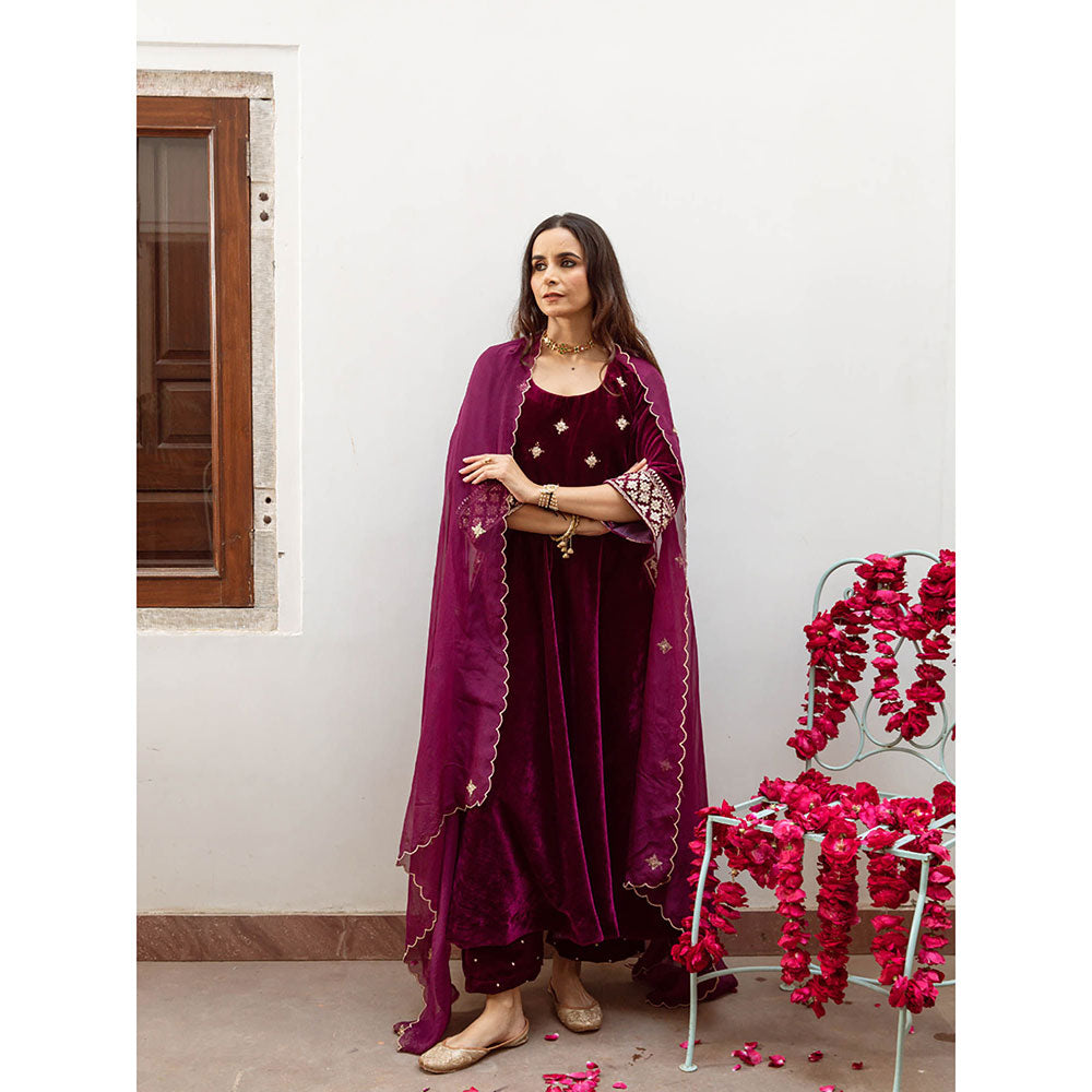 Maison Shefali Zeya - Velvet Embroidered Anarkali & Pant with Dupatta (Set of 3)