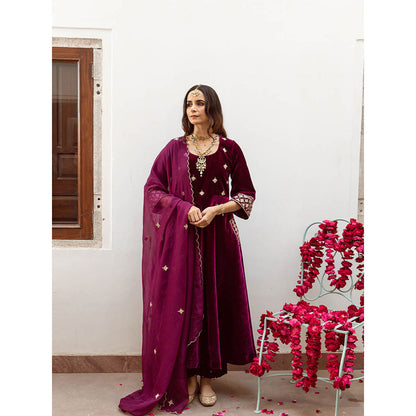 Maison Shefali Zeya - Velvet Embroidered Anarkali & Pant with Dupatta (Set of 3)
