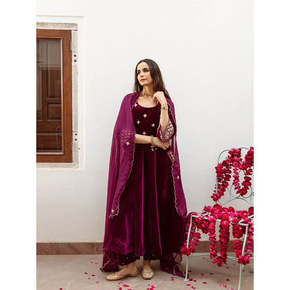 Maison Shefali Zeya - Velvet Embroidered Anarkali & Pant with Dupatta (Set of 3)