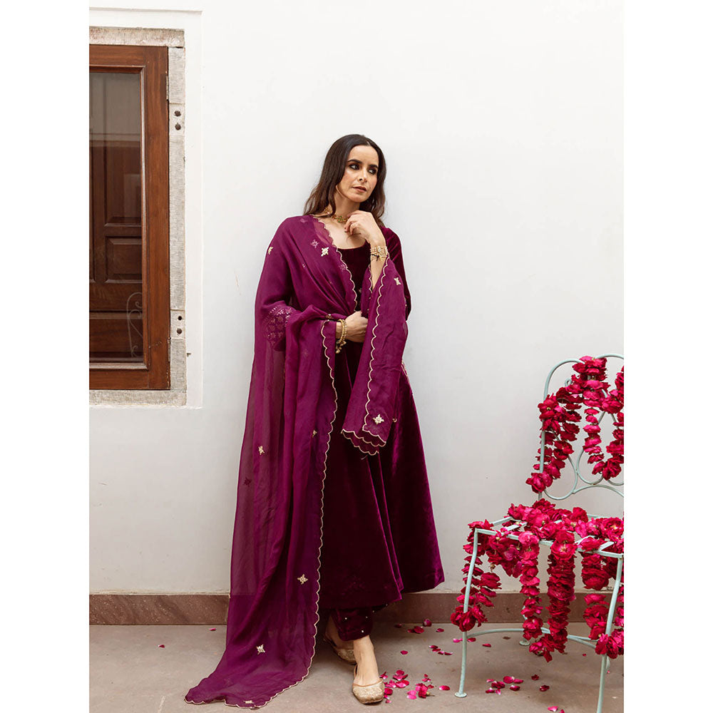 Maison Shefali Zeya - Velvet Embroidered Anarkali & Pant with Dupatta (Set of 3)
