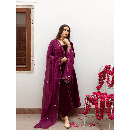 Maison Shefali Zeya - Velvet Embroidered Anarkali & Pant with Dupatta (Set of 3)