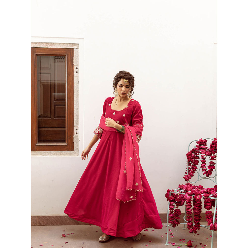 Maison Shefali Zeya Gulabi - Velvet Embroidered Anarkali & Pant with Dupatta (Set of 3)