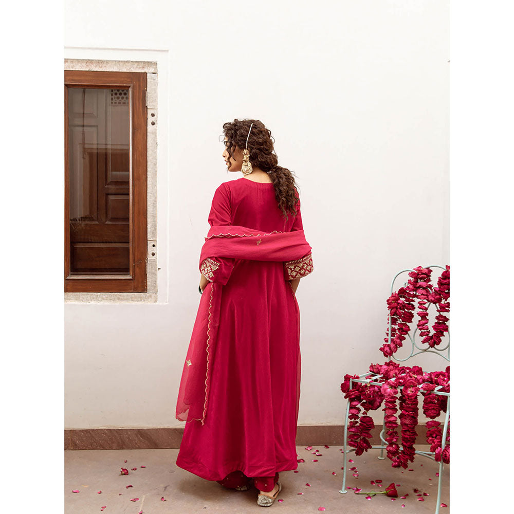 Maison Shefali Zeya Gulabi - Velvet Embroidered Anarkali & Pant with Dupatta (Set of 3)