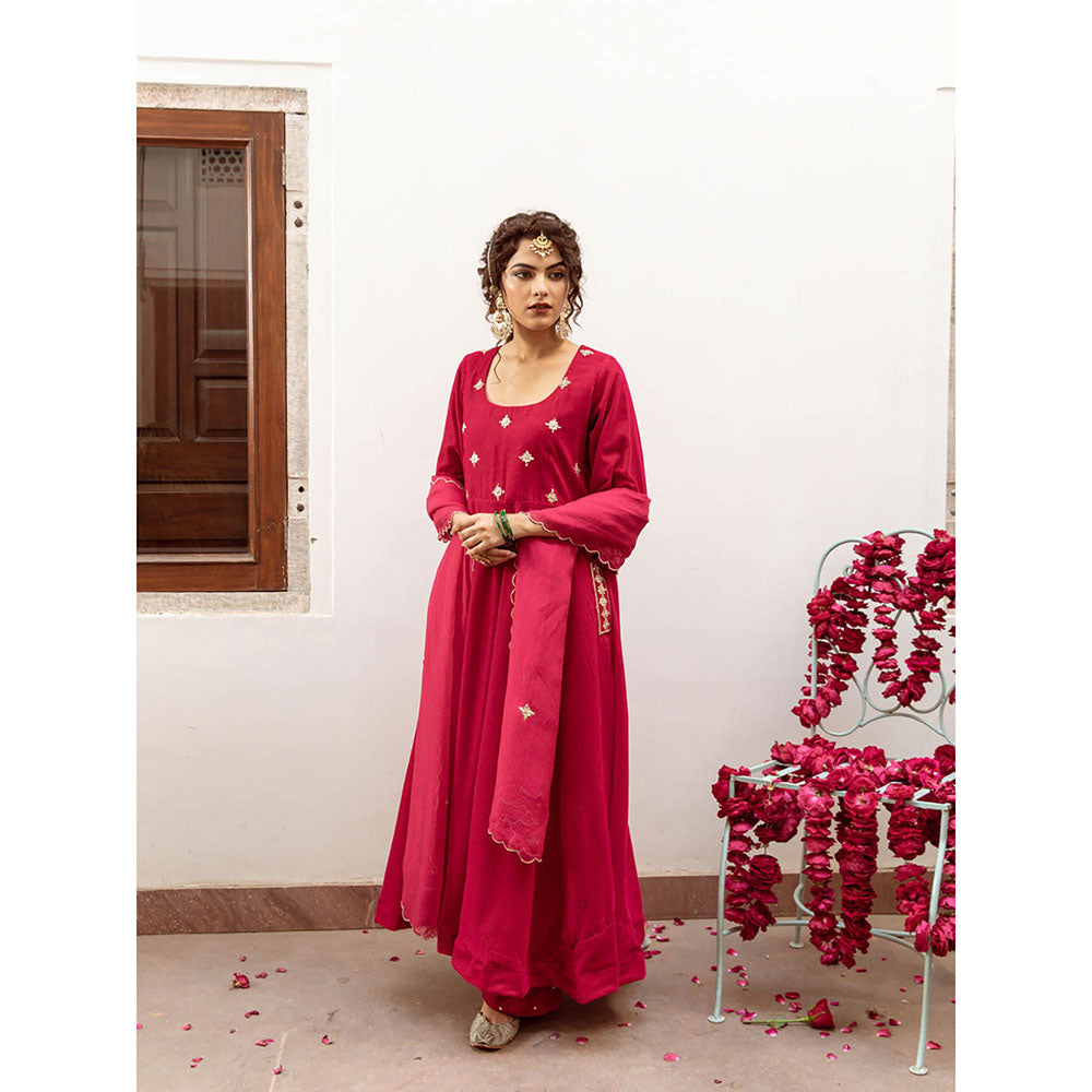 Maison Shefali Zeya Gulabi - Velvet Embroidered Anarkali & Pant with Dupatta (Set of 3)