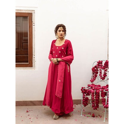 Maison Shefali Zeya Gulabi - Velvet Embroidered Anarkali & Pant with Dupatta (Set of 3)