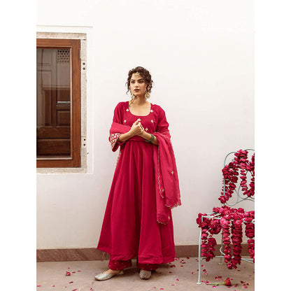 Maison Shefali Zeya Gulabi - Velvet Embroidered Anarkali & Pant with Dupatta (Set of 3)