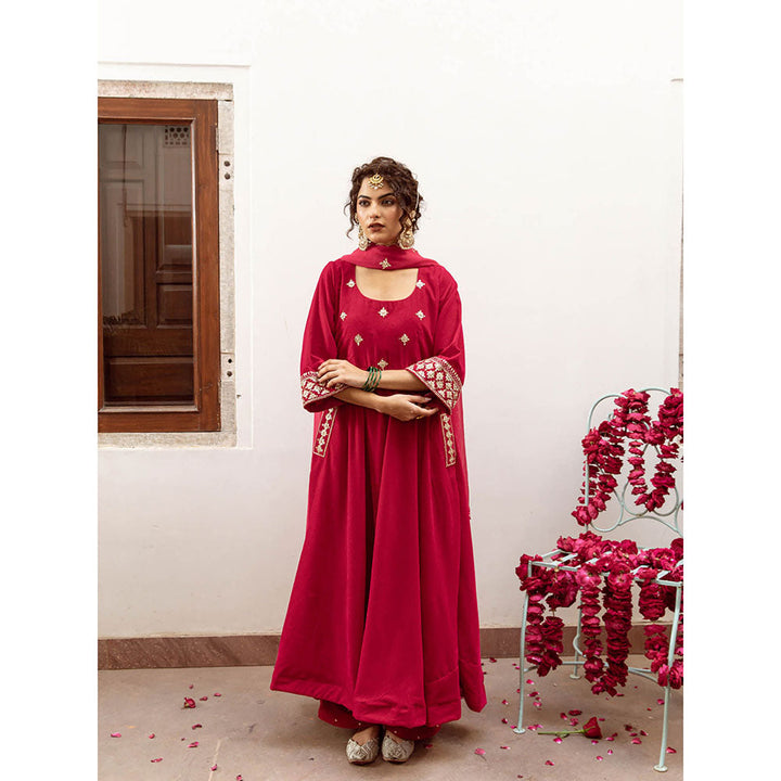 Maison Shefali Zeya Gulabi - Velvet Embroidered Anarkali & Pant with Dupatta (Set of 3)