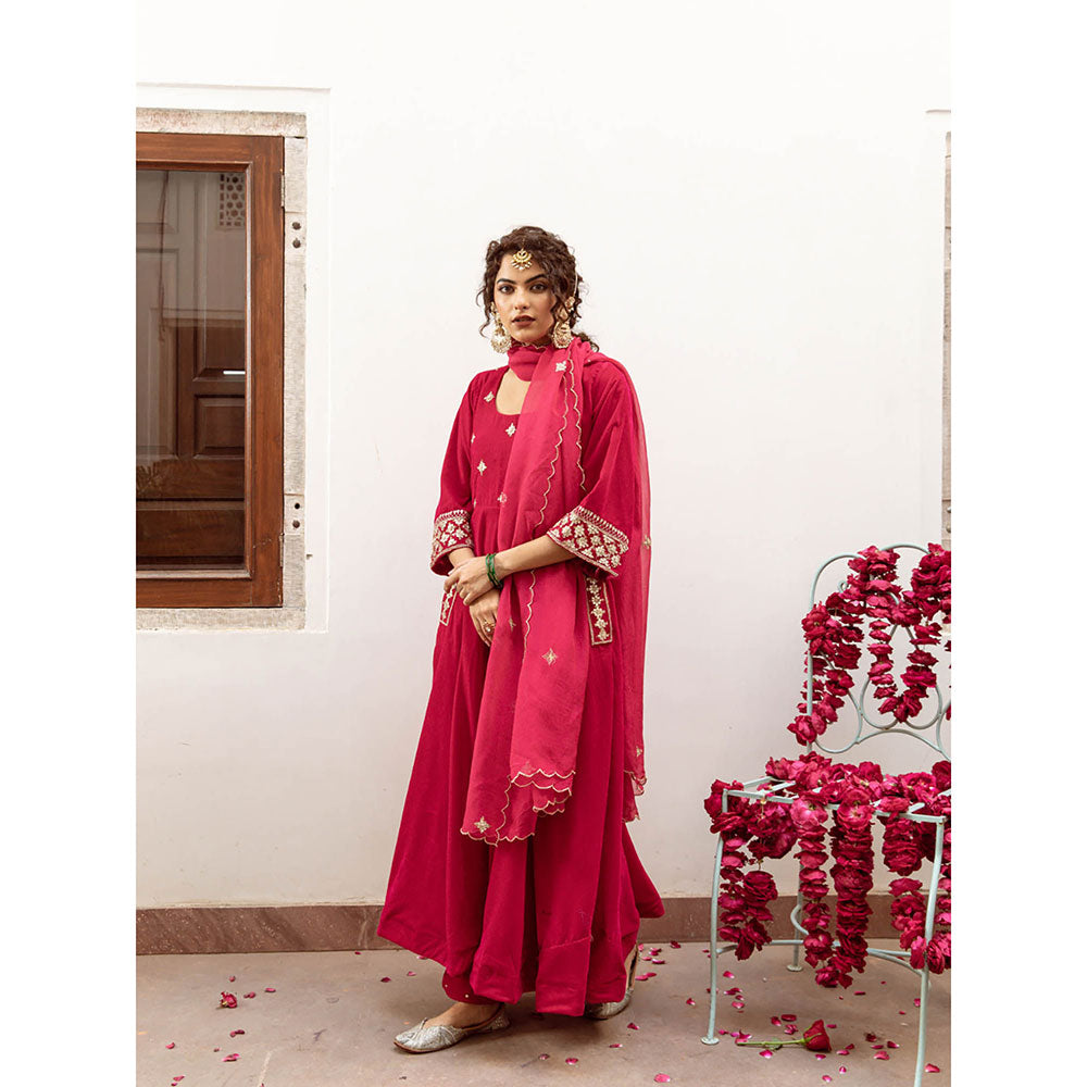 Maison Shefali Zeya Gulabi - Velvet Embroidered Anarkali & Pant with Dupatta (Set of 3)