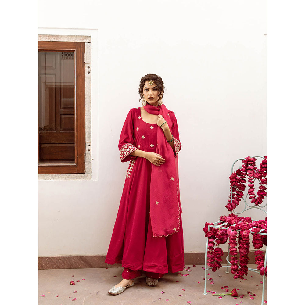 Maison Shefali Zeya Gulabi - Velvet Embroidered Anarkali & Pant with Dupatta (Set of 3)