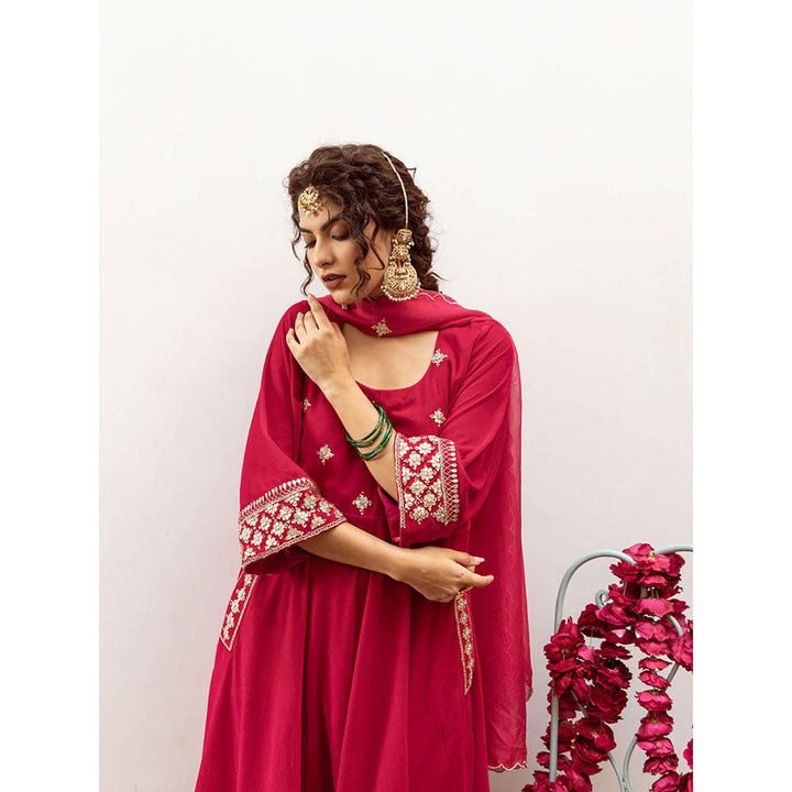 Maison Shefali Zeya Gulabi - Velvet Embroidered Anarkali & Pant with Dupatta (Set of 3)
