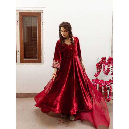 Maison Shefali Zeya Gulaab - Velvet Embroidered Anarkali & Pant with Dupatta (Set of 3)
