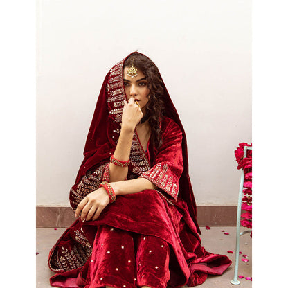 Maison Shefali Zeya Gulaab - Velvet Embroidered Anarkali & Pant with Dupatta (Set of 3)