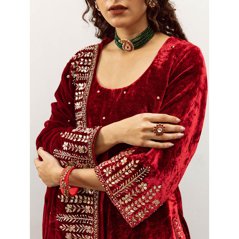 Maison Shefali Zeya Gulaab - Velvet Embroidered Anarkali & Pant with Dupatta (Set of 3)