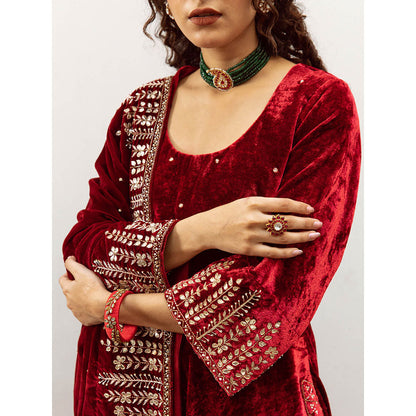 Maison Shefali Zeya Gulaab - Velvet Embroidered Anarkali & Pant with Dupatta (Set of 3)