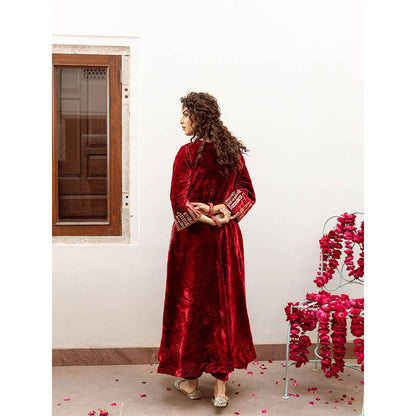 Maison Shefali Zeya Gulaab - Velvet Embroidered Anarkali & Pant with Dupatta (Set of 3)