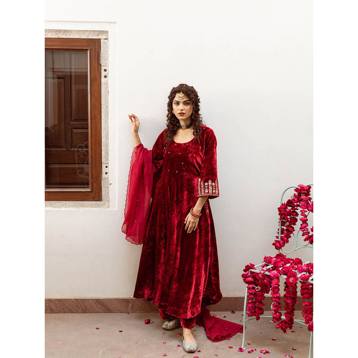 Maison Shefali Zeya Gulaab - Velvet Embroidered Anarkali & Pant with Dupatta (Set of 3)