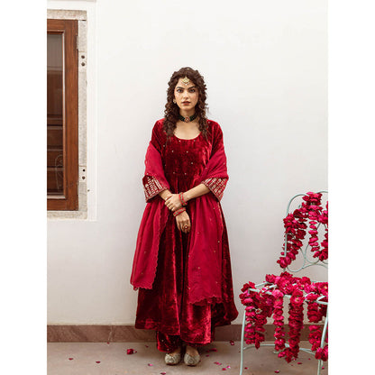 Maison Shefali Zeya Gulaab - Velvet Embroidered Anarkali & Pant with Dupatta (Set of 3)