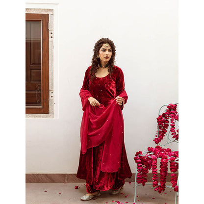 Maison Shefali Zeya Gulaab - Velvet Embroidered Anarkali & Pant with Dupatta (Set of 3)