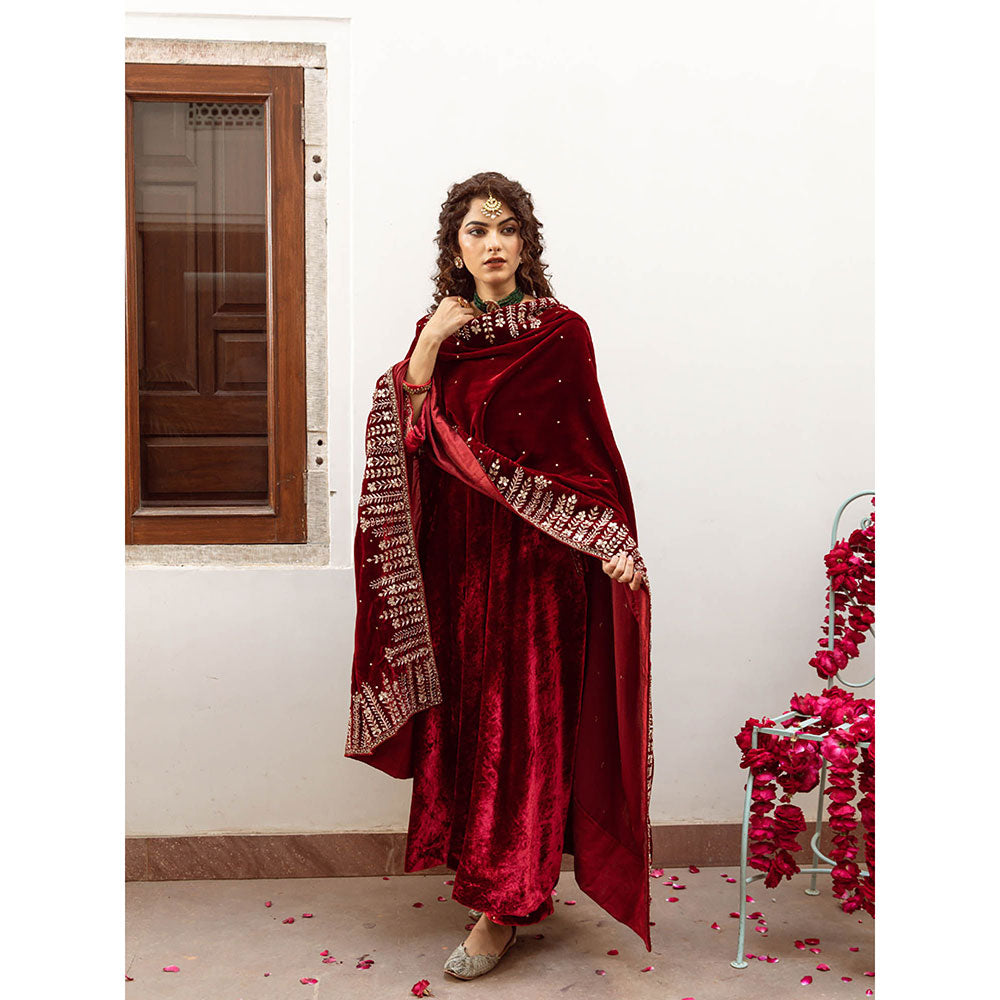 Maison Shefali Zeya Gulaab - Velvet Embroidered Anarkali & Pant with Dupatta (Set of 3)