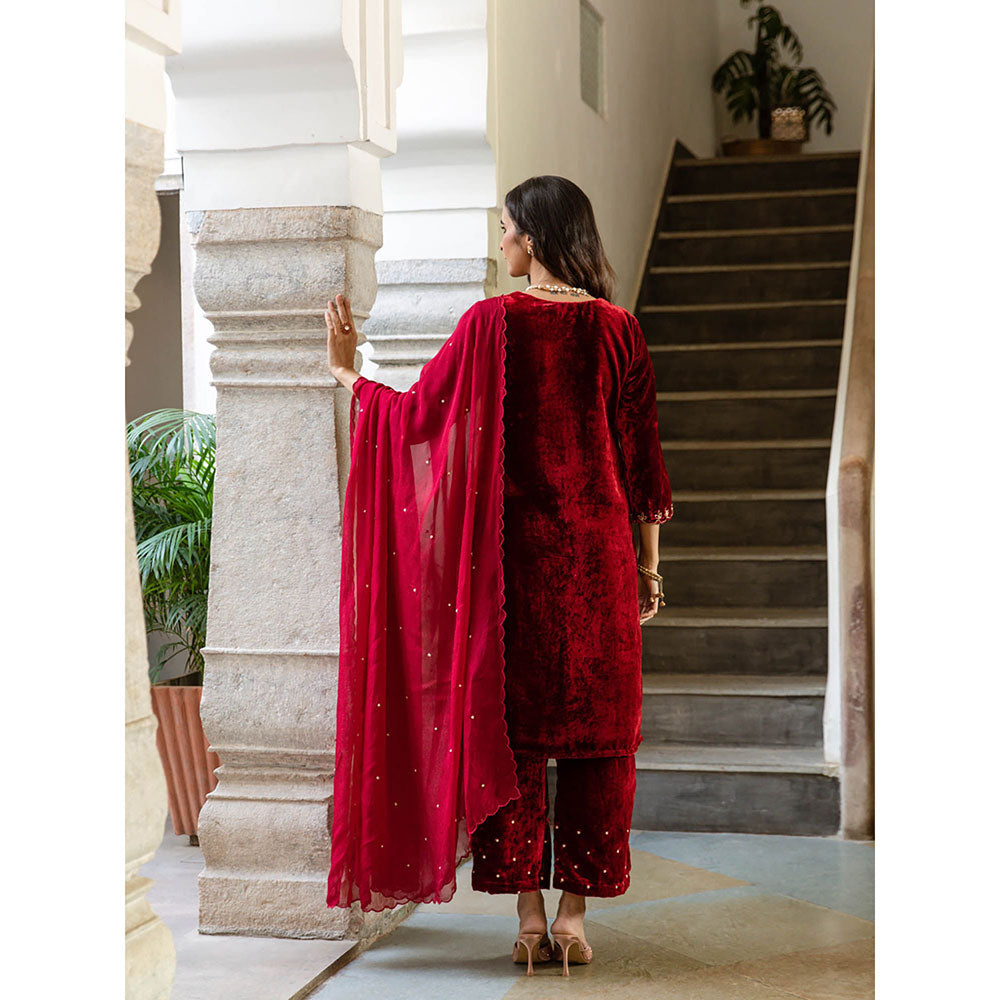 Maison Shefali Roya Gulaab - Velvet Embroidered Kurta & Pant with Dupatta (Set of 3)