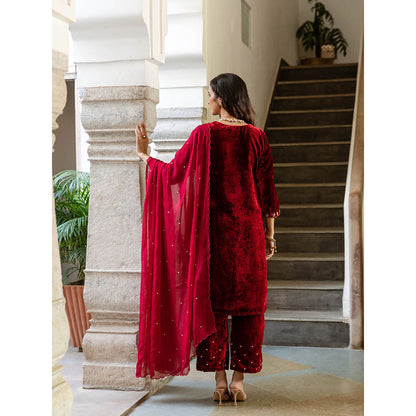 Maison Shefali Roya Gulaab - Velvet Embroidered Kurta & Pant with Dupatta (Set of 3)