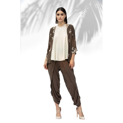 MANDIRA WIRK Moss Green Kimono With Halter Neck Top And Dhoti (Set Of 3)