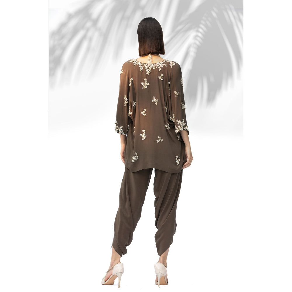 MANDIRA WIRK Moss Green Kimono With Halter Neck Top And Dhoti (Set Of 3)