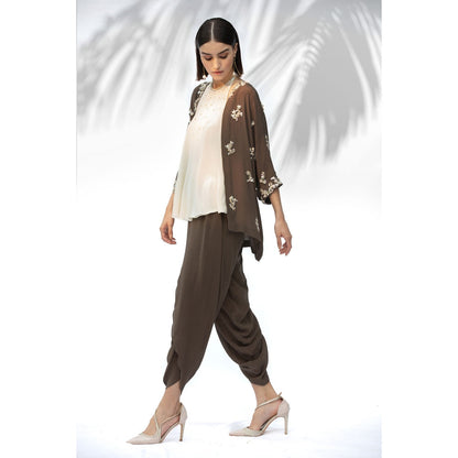 MANDIRA WIRK Moss Green Kimono With Halter Neck Top And Dhoti (Set Of 3)