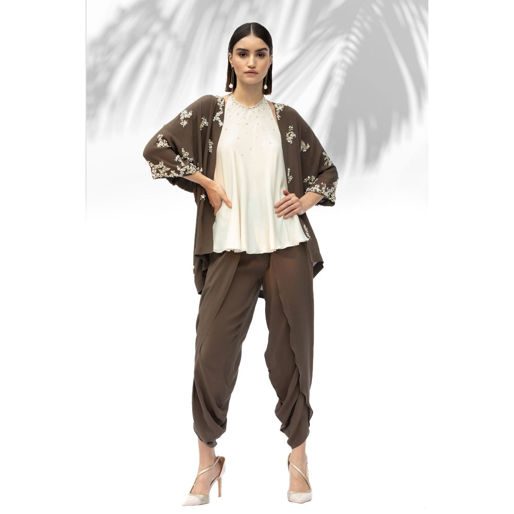 MANDIRA WIRK Moss Green Kimono With Halter Neck Top And Dhoti (Set Of 3)