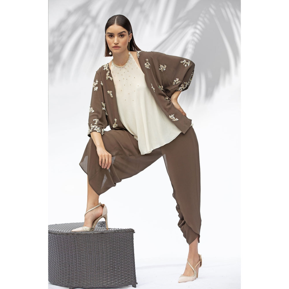 MANDIRA WIRK Moss Green Kimono With Halter Neck Top And Dhoti (Set Of 3)