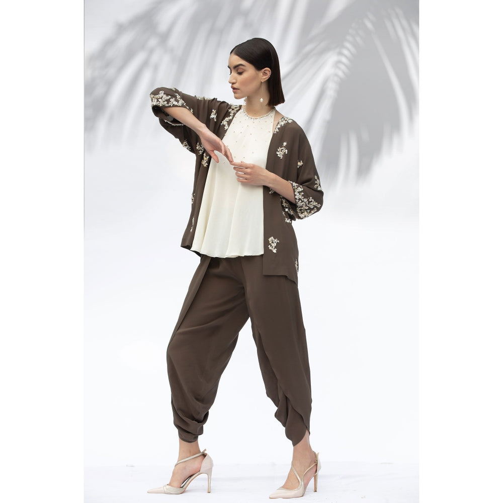 MANDIRA WIRK Moss Green Kimono With Halter Neck Top And Dhoti (Set Of 3)