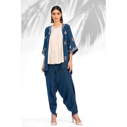 MANDIRA WIRK Saphire Blue Kimono With Halter Neck Top And Dhoti (Set Of 3)