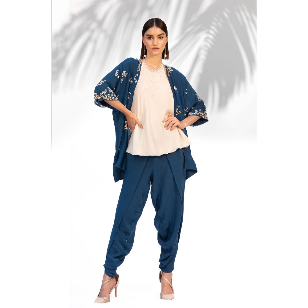 MANDIRA WIRK Saphire Blue Kimono With Halter Neck Top And Dhoti (Set Of 3)