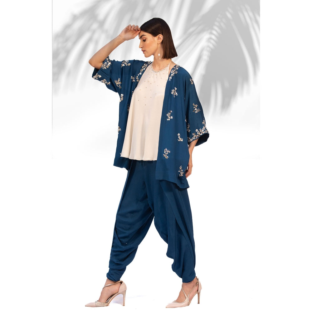 MANDIRA WIRK Saphire Blue Kimono With Halter Neck Top And Dhoti (Set Of 3)