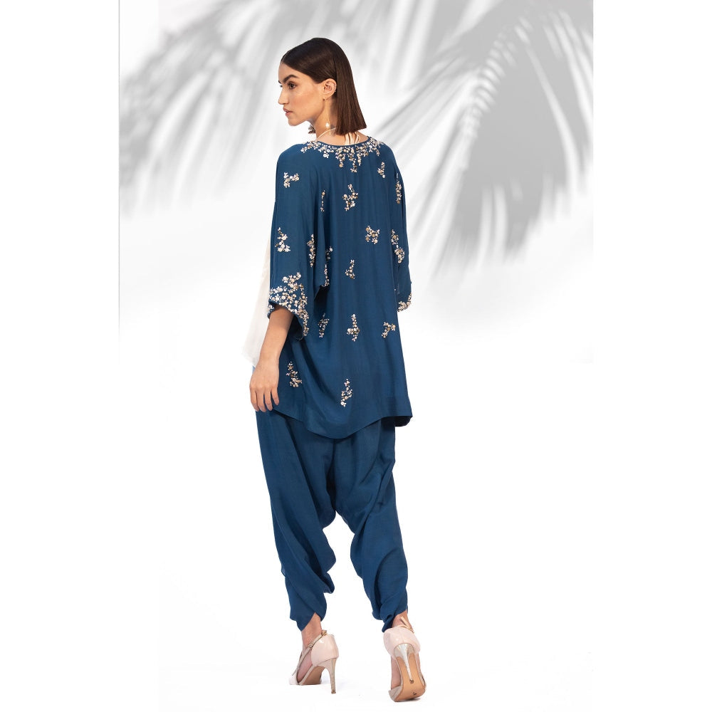 MANDIRA WIRK Saphire Blue Kimono With Halter Neck Top And Dhoti (Set Of 3)