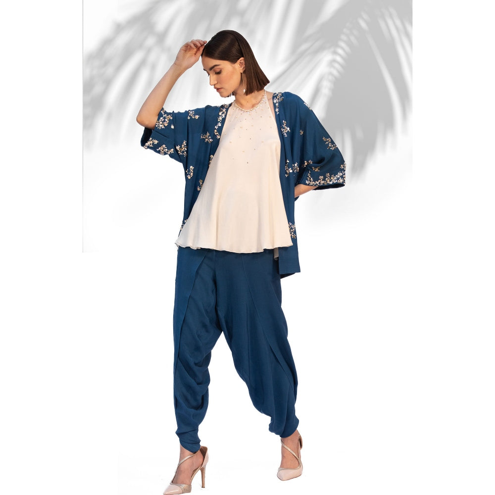 MANDIRA WIRK Saphire Blue Kimono With Halter Neck Top And Dhoti (Set Of 3)