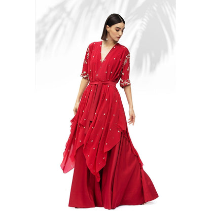 MANDIRA WIRK Ruby Red Tunic With Skirt (Set Of 3)