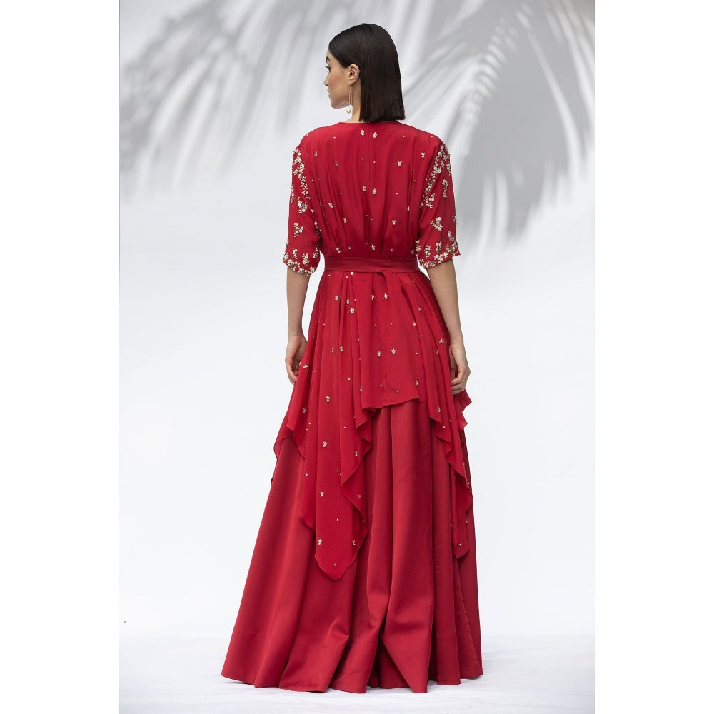 MANDIRA WIRK Ruby Red Tunic With Skirt (Set Of 3)