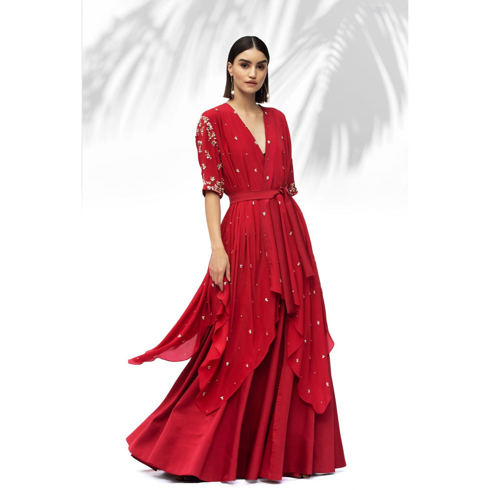 MANDIRA WIRK Ruby Red Tunic With Skirt (Set Of 3)