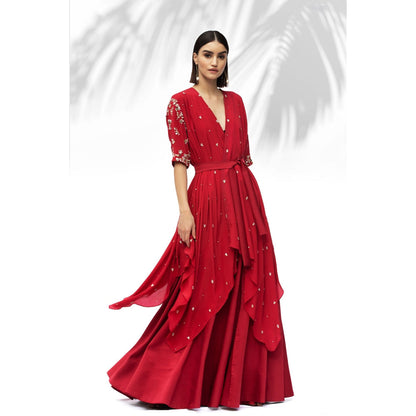 MANDIRA WIRK Ruby Red Tunic With Skirt (Set Of 3)