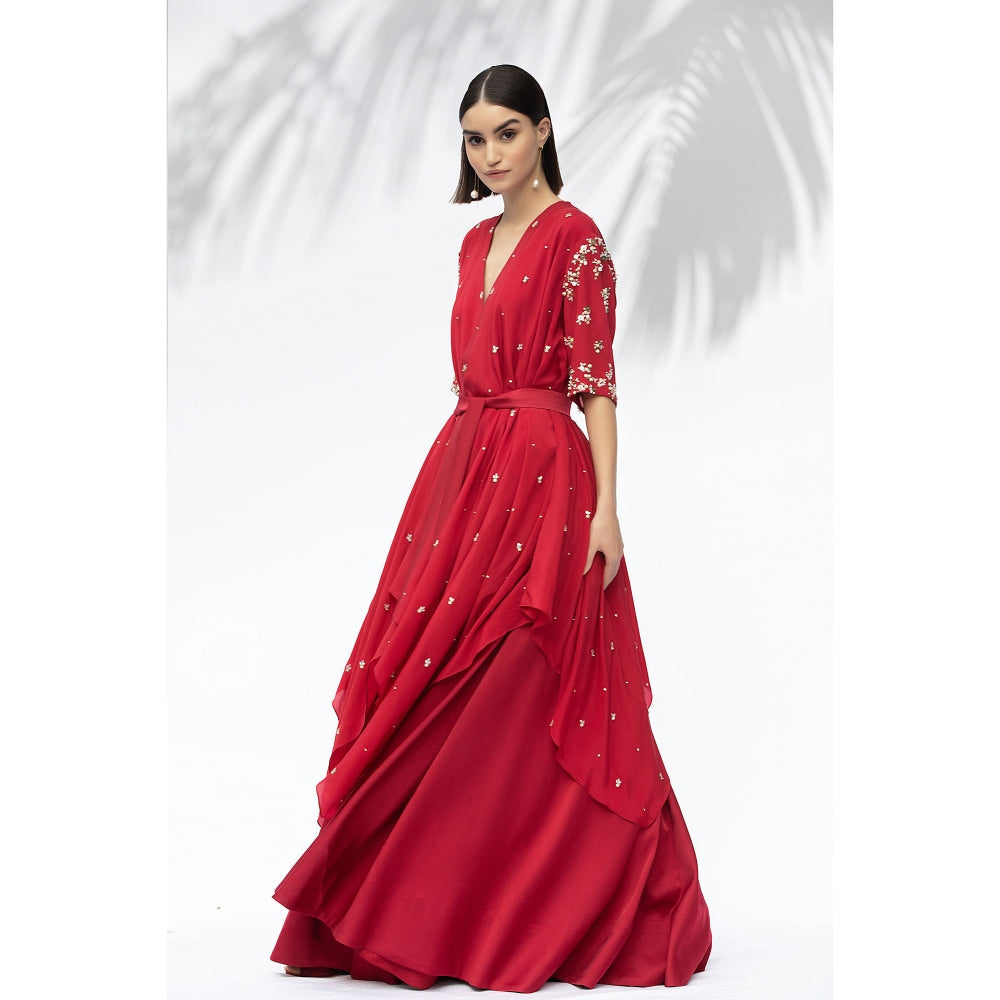 MANDIRA WIRK Ruby Red Tunic With Skirt (Set Of 3)