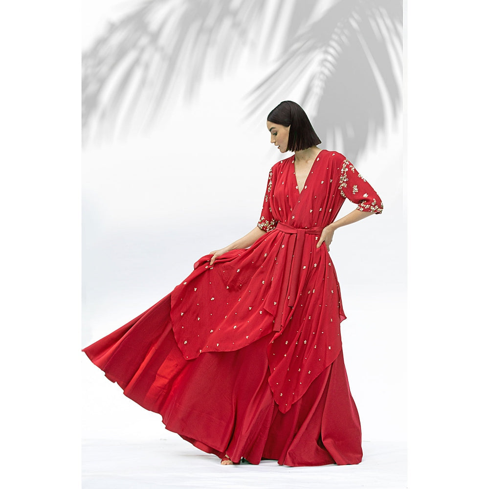 MANDIRA WIRK Ruby Red Tunic With Skirt (Set Of 3)