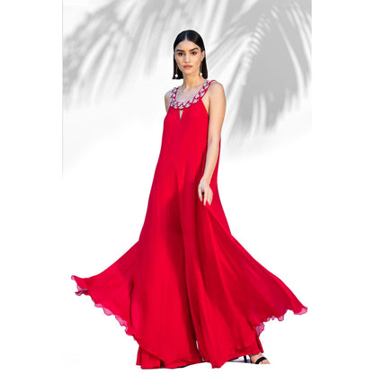 MANDIRA WIRK Ruby Red Flared Jumpsuit