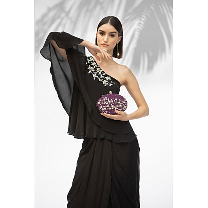 MANDIRA WIRK Black One Off Shoulder Top With Draped Skirt (Set Of 2)