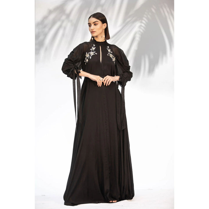 MANDIRA WIRK Black Embroidered Cowled Hem Dress With Belt (Set Of 2)