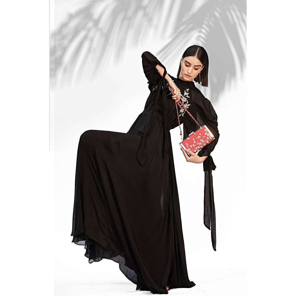 MANDIRA WIRK Black Embroidered Cowled Hem Dress With Belt (Set Of 2)