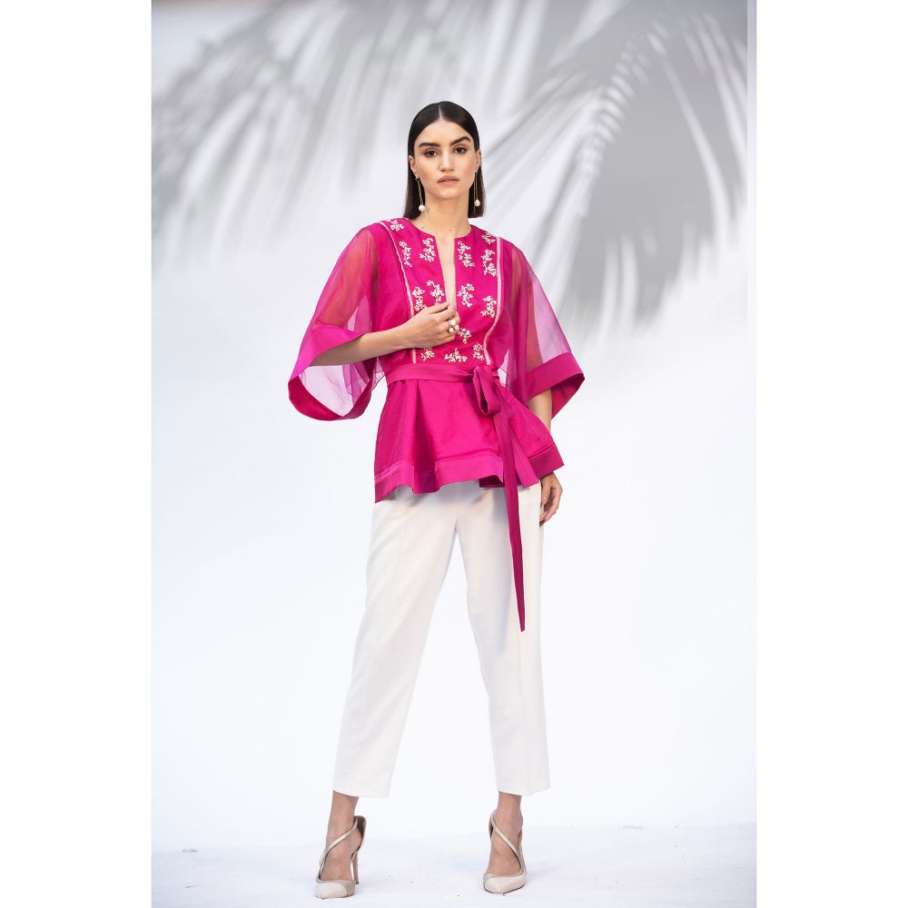 MANDIRA WIRK Hot Pink Peplum Top With Ivory Pant And Belt (Set Of 3)