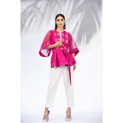 MANDIRA WIRK Hot Pink Peplum Top With Ivory Pant And Belt (Set Of 3)